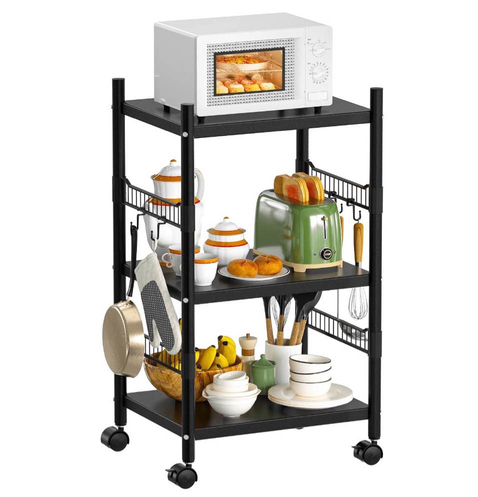 kitchen microwave cart, 3-tier kitchen metal utility storage rack cart, rolling bakers rack, rolling microwave stand with 4 hooks for kitchen, living room, entryway