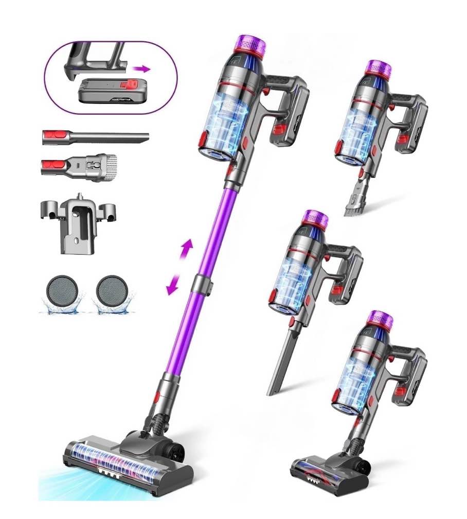 hosaud cordless vacuum cleaner - 45000pa 550w 55mins 2600mah lightweight stick vacuum cleaners for home pet hair carpet floor purple