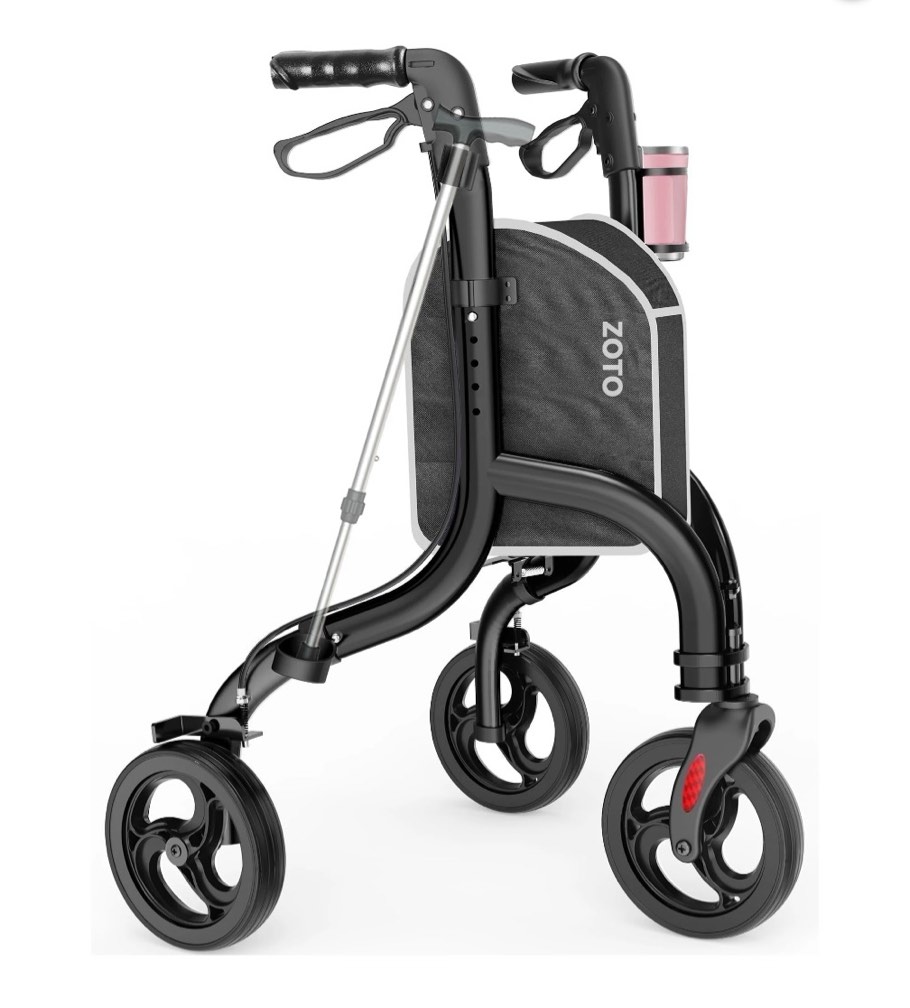 zoto foldable 3 wheel walker for seniors, lightweight rollator with adjustable height, cup and cane holder,vrw310-bk