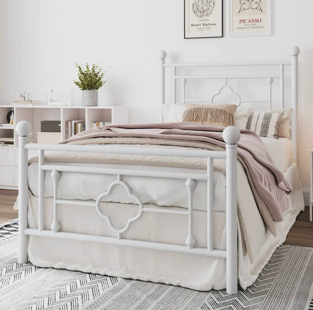 amolife twin size metal platform bed frame with vintage cross pattern headboard&footboard, white