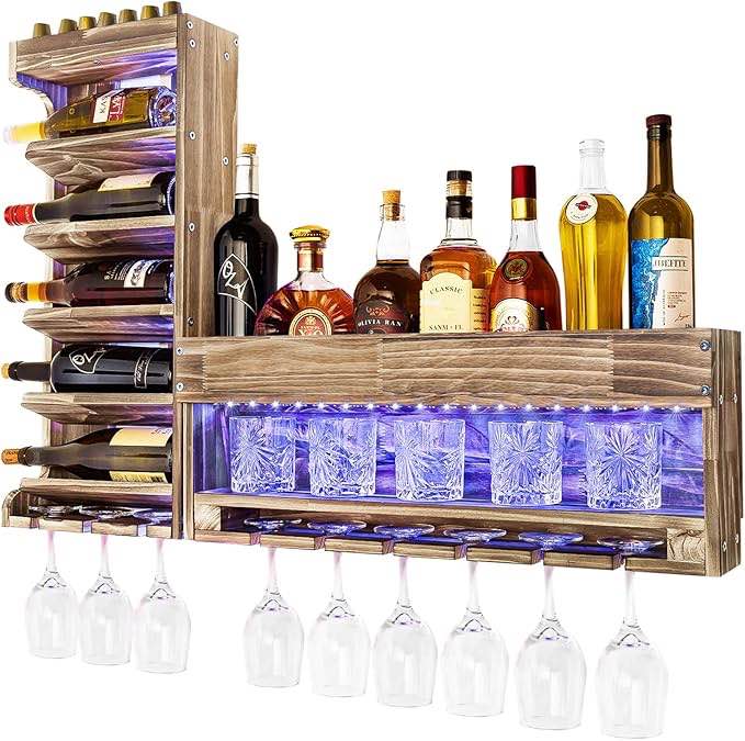 homde wine rack with led light wall mounted wood,alcohol shelf with bottle stemware glass holder rustic, liquor display storage with cork storage for home bar kitchen decor