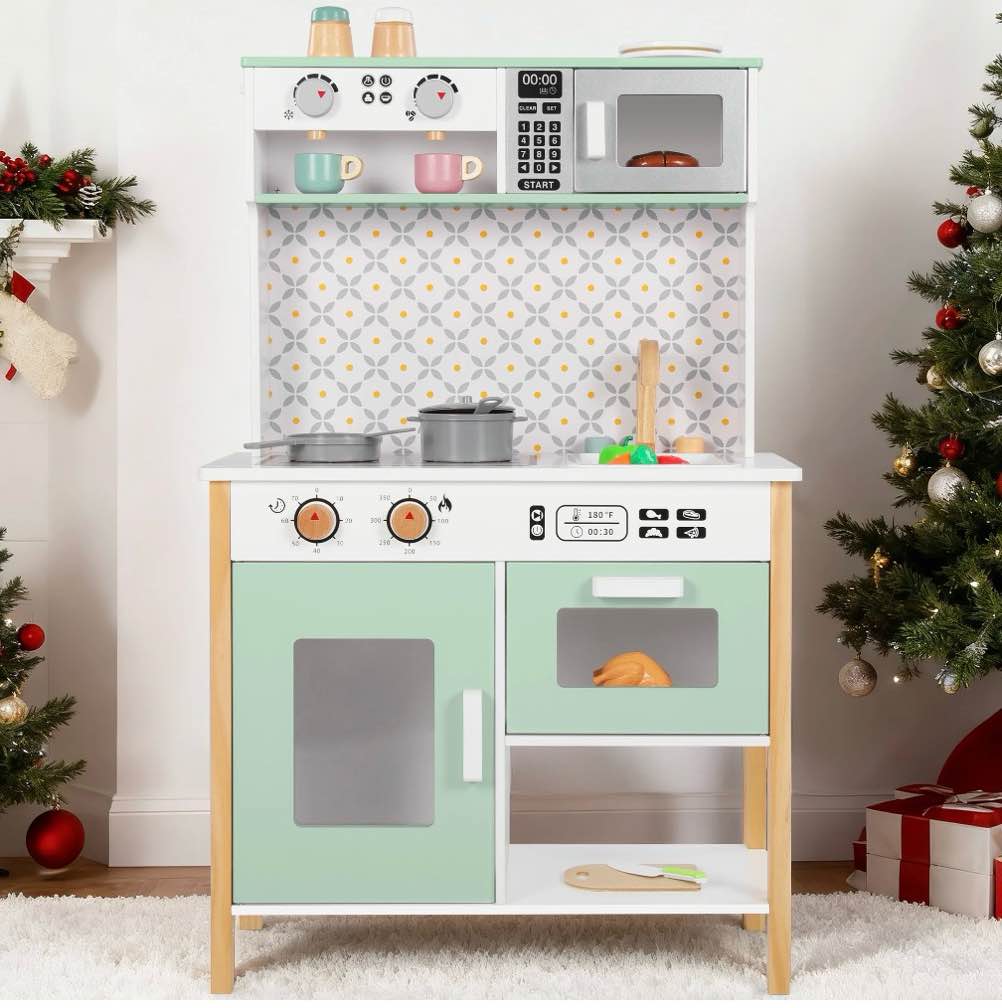 wisairt pretend play kitchen set, wooden kitchen for kids w/ stove sink oven microwave, coffee maker gift for boys girls age 3-8, green