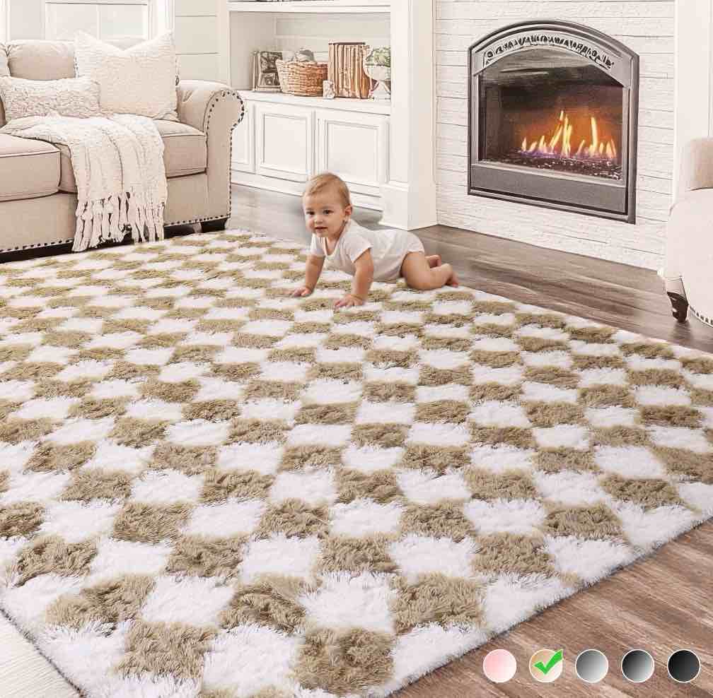CozyDesg Large Rugs,5'x7' Soft Fluffy Shag Indoor Floor Carpet for Living Room Bedroom Dining Room Office Home Decor,Beige & White