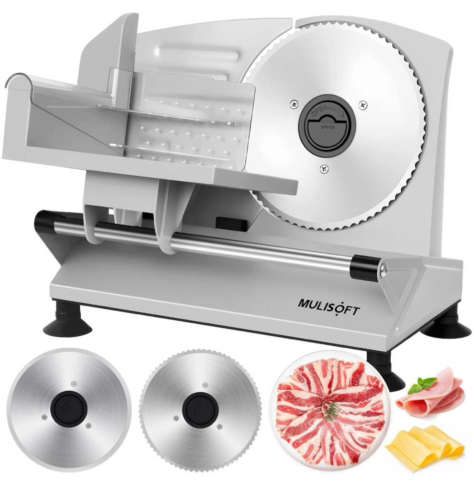 mulisoft meat slicer, meat slicer machine for home use, with 2 stainless steel blades, deli slicer with adjustable thickness ? child safety lock, electric slicer for meat, cheese, bread, new