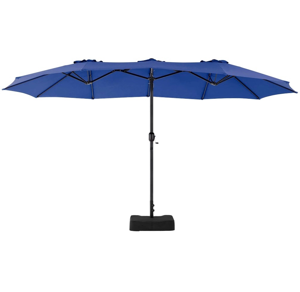 edx 15ft patio umbrellas (base included), large outdoor double-sided rectangle market umbrella with stand for poolside, lawn, and backyard, navy blue