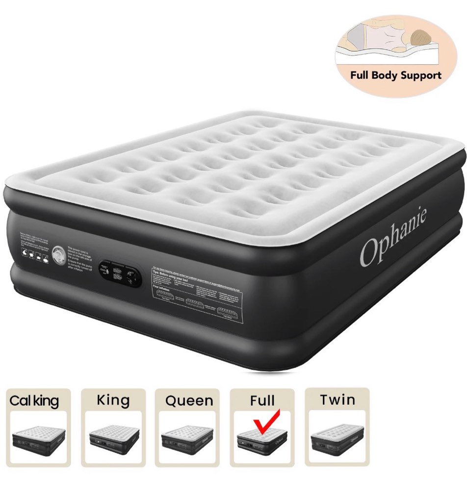 Ophanie Full Air Mattress, 18-Inch Elevated Inflatable Bed with Built-in Pump, Puncture-Resistant, Quick Inflation/Deflation, Portable for camping & Guests, Black