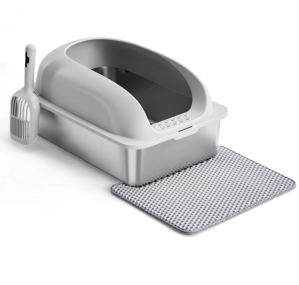 edx stainless steel cat litter box with lid, xl extra large cat litter box for big cats, high wall sides, never absorbs odors, anti-urine leakage, easy cleaning, scoop and mat included, black