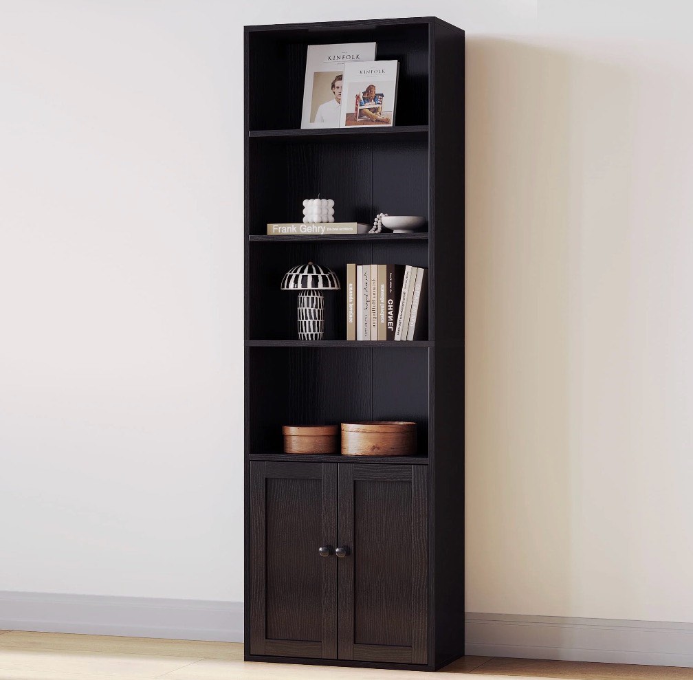 casacomoda 6-tier bookcase with cabinet, modern bookshelf for home office, living room or bedroom, easy assembly & stable structure, black