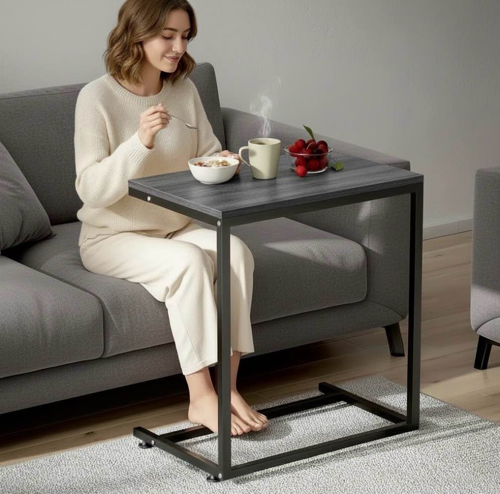 c shape end table, sofa table tv tray table for couch ,side table for living room,bedroom ,metal frame c table(gray)