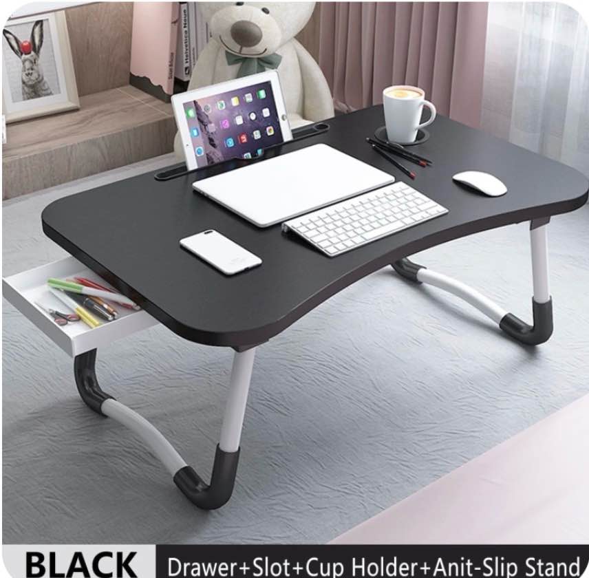 phancir foldable lap desk, 23.6 inch portable wood laptop desk table workspace organizer bed tray with ipad slots, cup holder and drawer, anti-slip for working reading writing, eating, watching-black