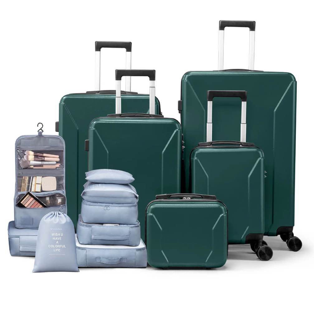 zimtown 5-piece luggage set with 8 packing cubes, hard shell suitcase set with spinner wheels built-in tsa lock, green