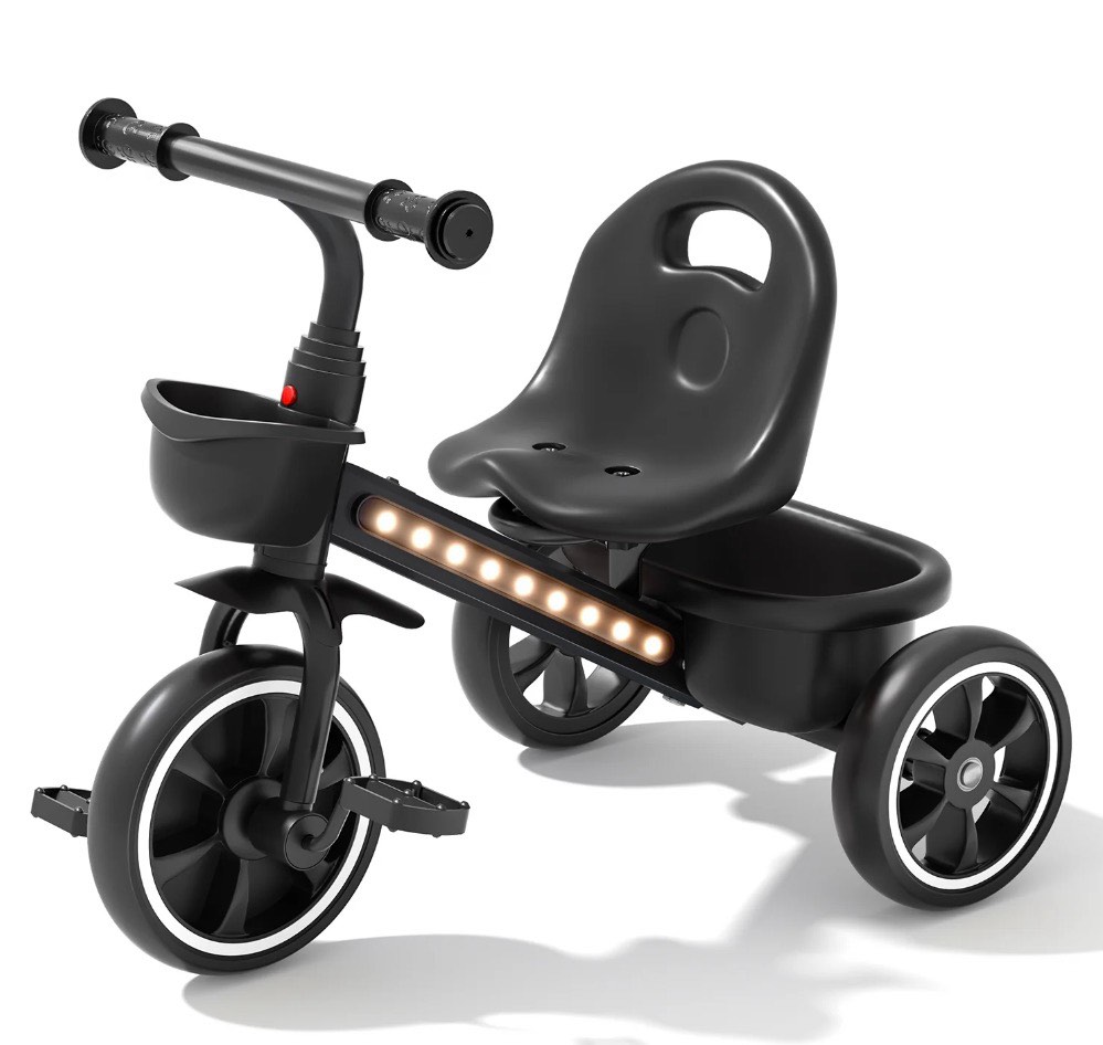 joystone toddler tricycle for ages 1-4 years, kids trike toddler bike with cool lights, adjustable seat & basket, black