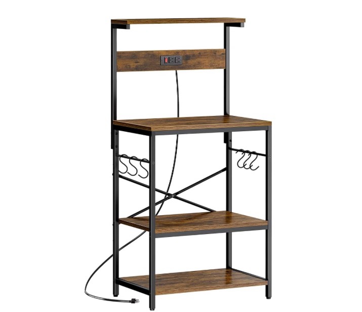 kitchen bakers rack with power outlet, coffee bar table 4 tiers, kitchen microwave stand with 6 s-shaped hooks, storage shelf rack for spices, pots and pans - rustic brown