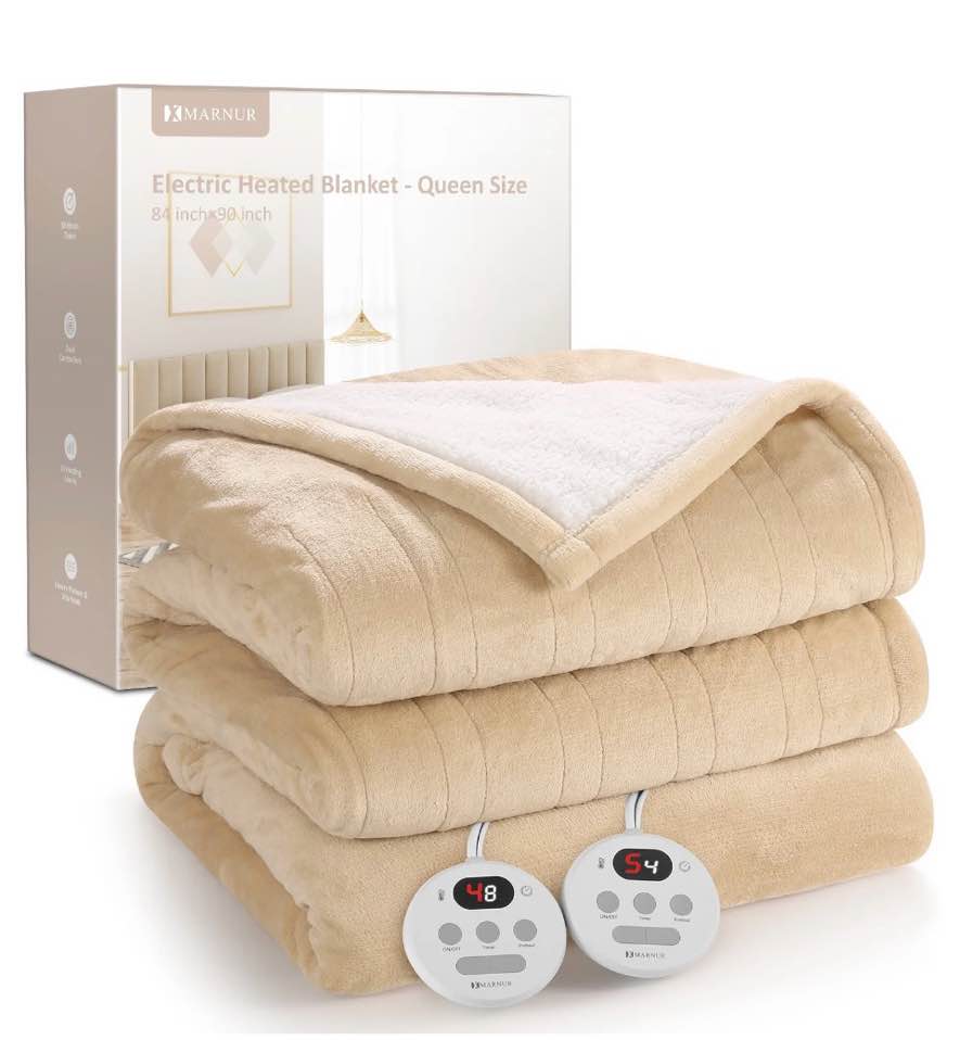 marnur electric heated blanket queen size 84  x90    fast heating with dual controllers  10 heating levels  10h timer  preheat function - beige