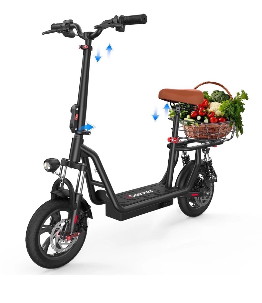 iscooter 500w electric scooter with seat for adult, 12" commuter e-scooter up to 21 miles 15.5 mph with dual shock absorbers and basket