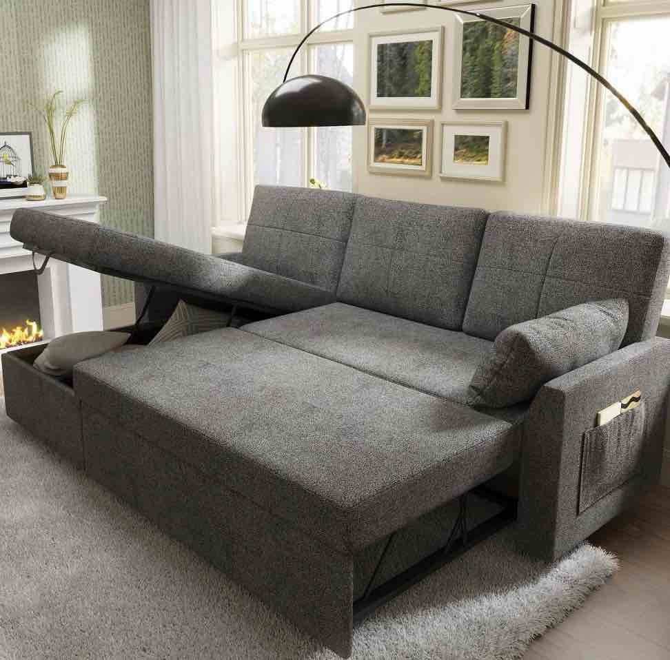 vanacc sleeper sofa with storage chaise-2 in 1 pull out couch bed for living room, sectional couch,gray 