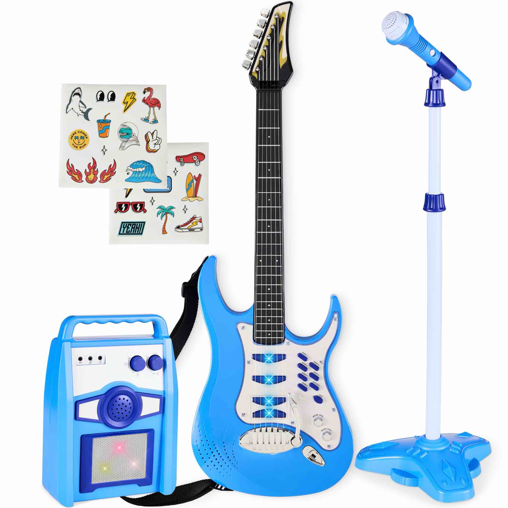 best choice products kids electric musical guitar toy play set w/ 6 demo songs, whammy bar, microphone, amp, aux