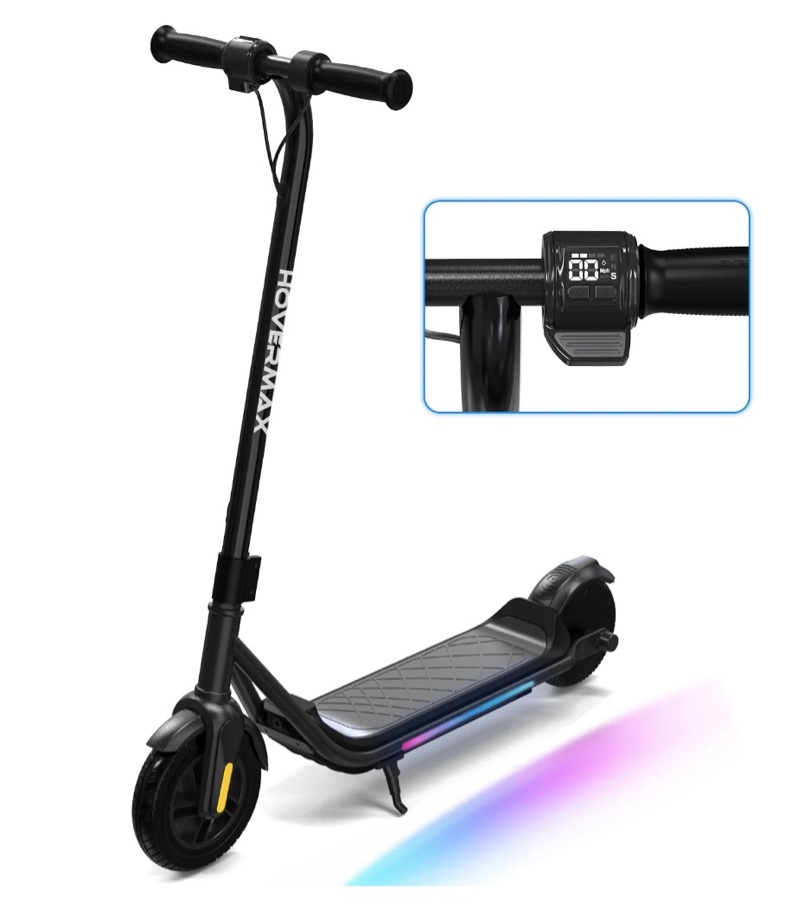 hovermax kids electric scooter - ages 6-12, 10mph, 9.3mi range w/ 7-color lights & 7" tires