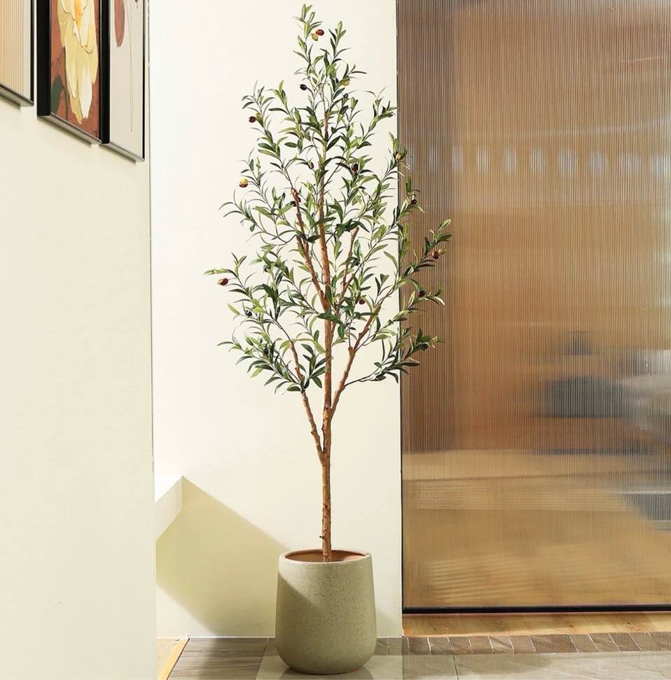 dr.planzen 6ft artificial olive tree indoor, tall faux olive tree, artificial plants with natural wood trunk and lifelike fruits for home office decor