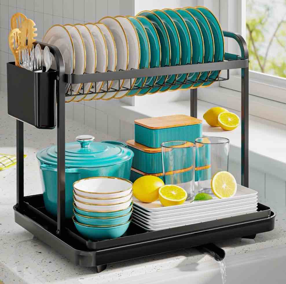 sakugi dish drying rack, 2-tier stainless steel dish racks, dish drainer for kitchen counter, black