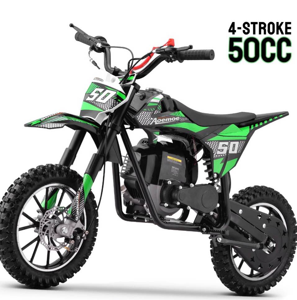 aoemoe gas dirt bike, 50cc 4-stroke gas powered kids off road motorcycle (model-db4s004) with off-road tire, suspensions, disc brakes, max load 165lbs, up to 25mph, no oil mix required