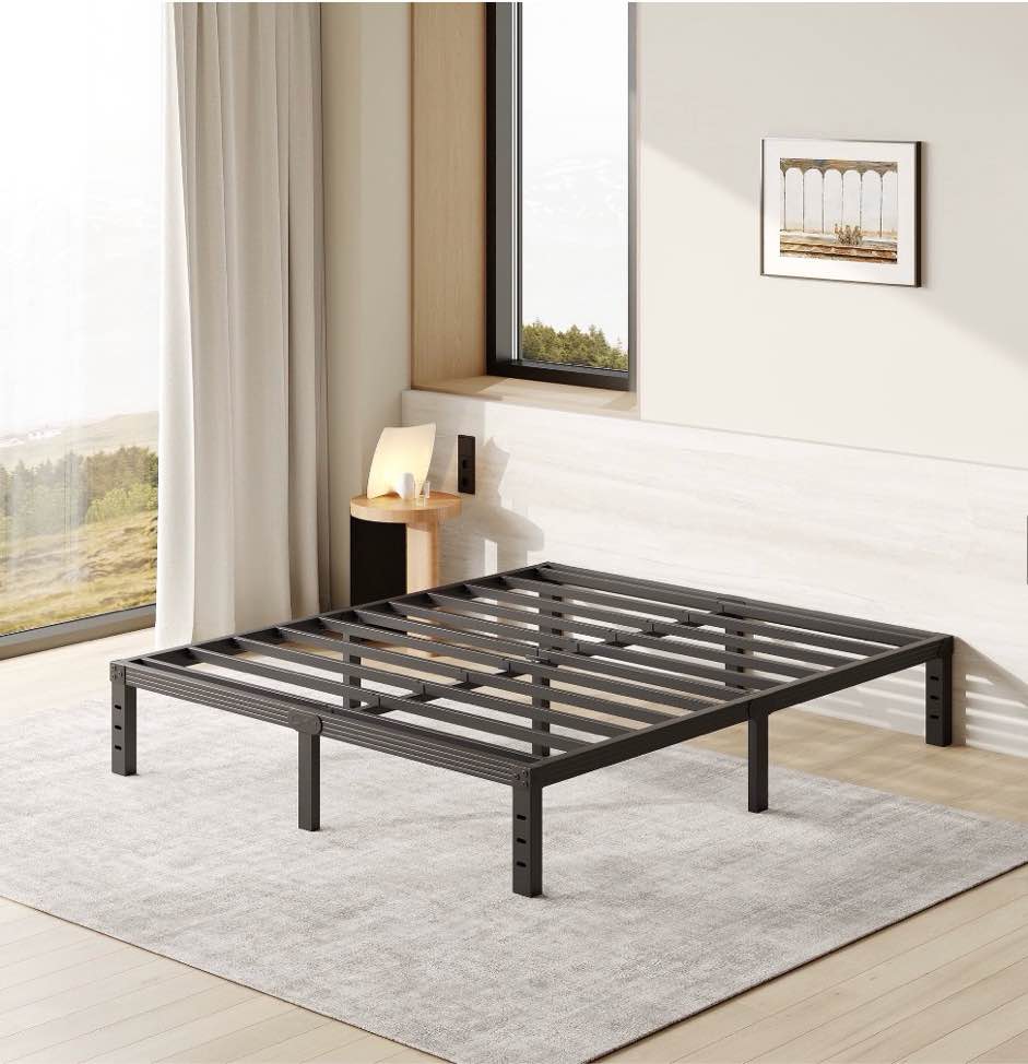 fschos 12 inch queen size bed frame, heavy duty metal platform, no box spring needed, easy assembly, black