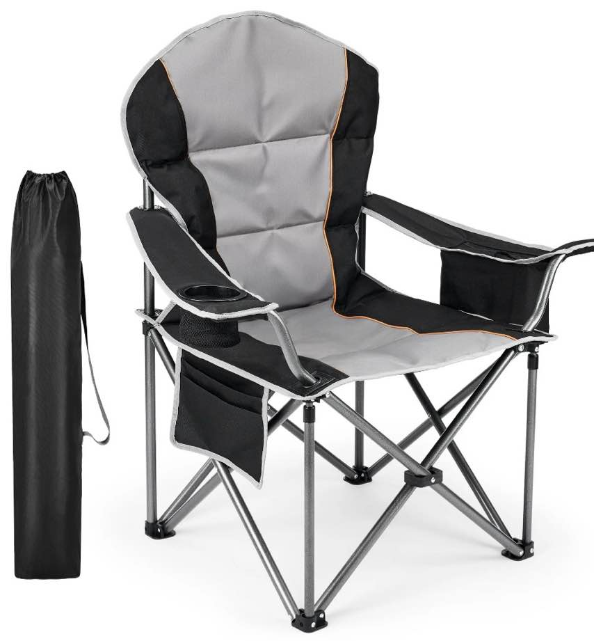 edx oversized camping folding chair, heavy duty padded chair with cup holder storage and cooler bag, 5000 lbs steel frame, portable for outdoor,black gray