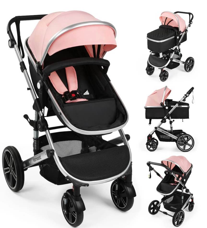 vomeast baby stroller, foldable aluminum alloy stroller with reversible, travel stroller for newborn infant, pink & black