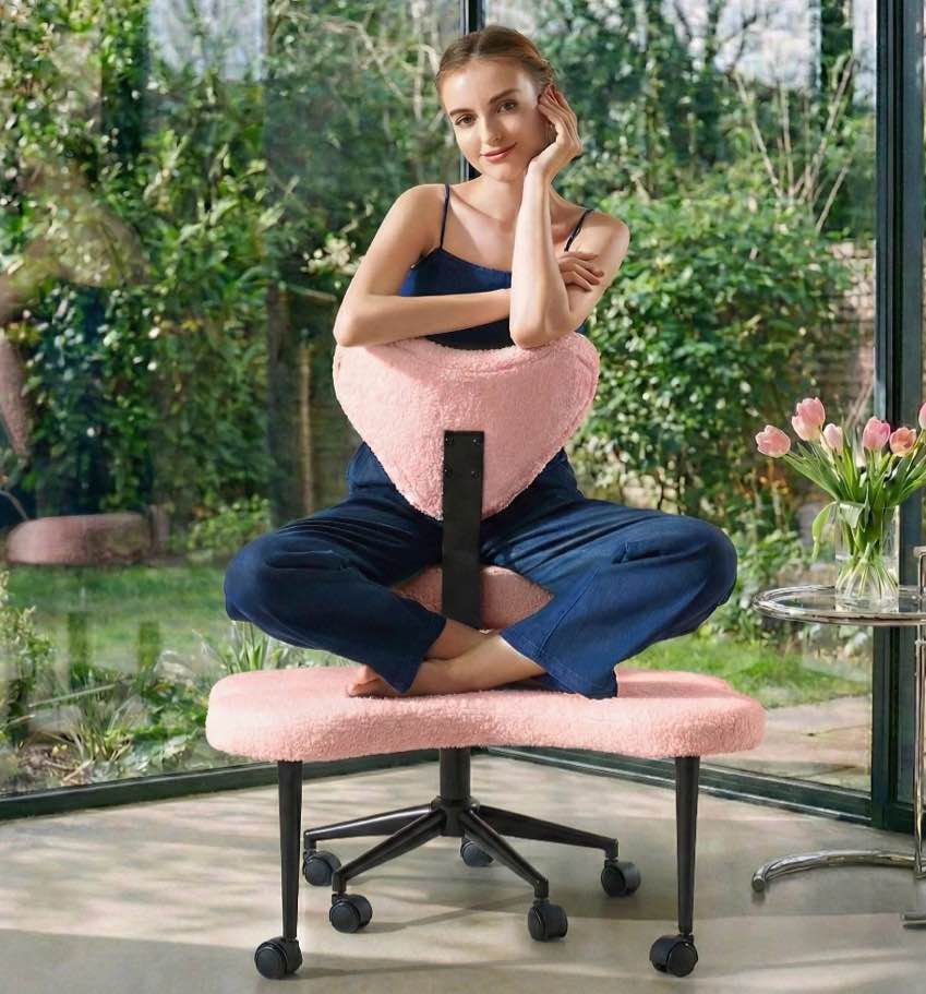 pinmoco cross legged office chair, pink teddy fabric cute ergonomic swivel vanity chair, heavy duty wide seat for bedroom & home office, armless