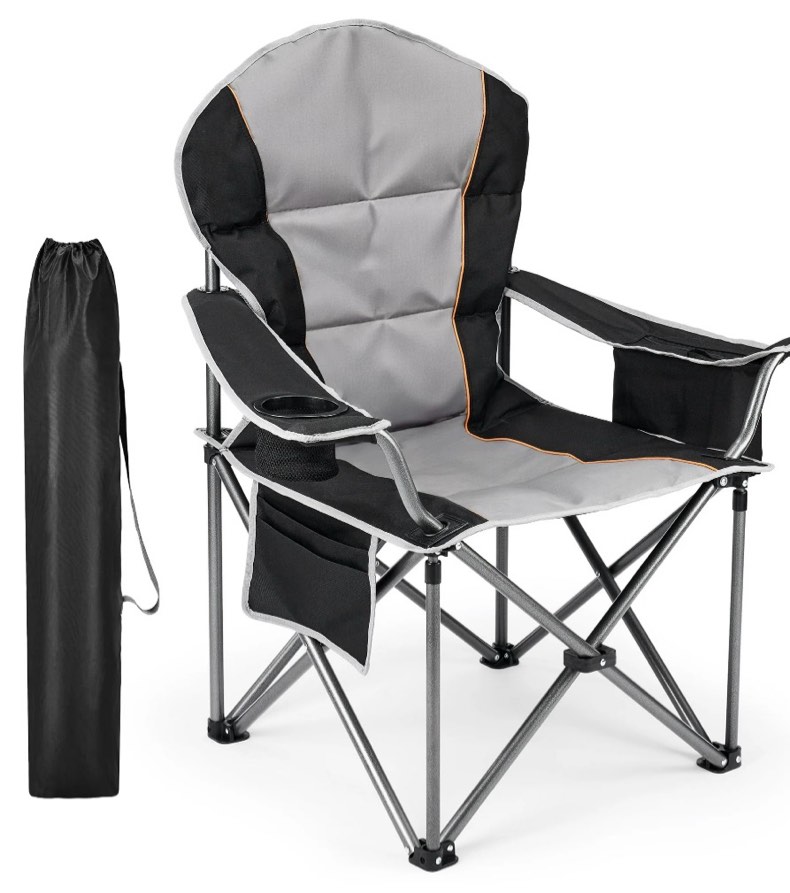 edx oversized camping folding chair, heavy duty padded chair with cup holder storage and cooler bag, 5000 lbs steel frame, portable for outdoor,black gray