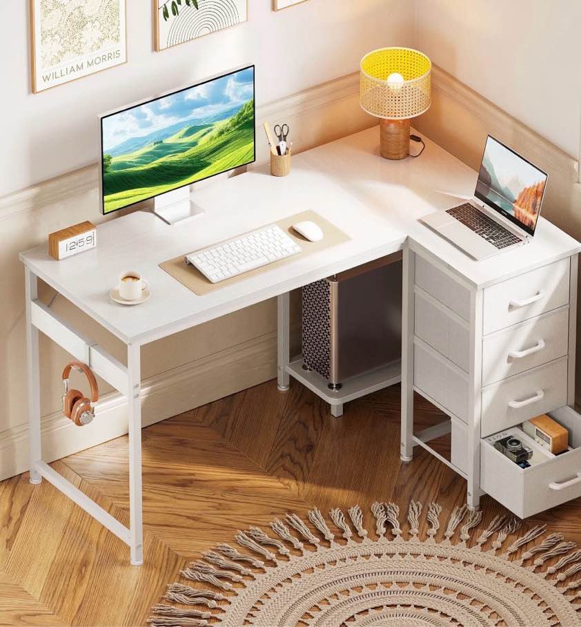 48 inch computer desk with 4 fabric drawers — home office desks with storage, writing desk with side hook, desk study/work table for bedroom and small space, white