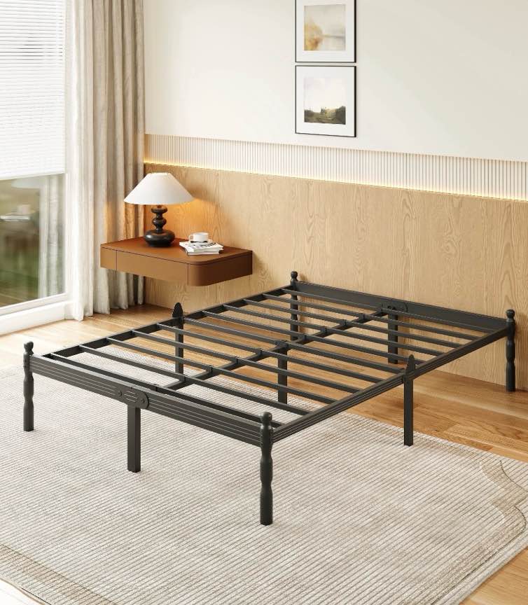 louveta 14 inch queen heavy duty metal bed frame with non-slip stoppers, no box spring needed, sturdy steel slat support