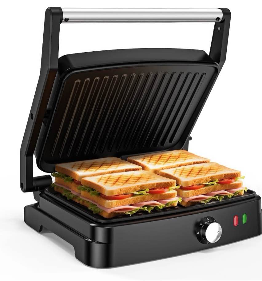gped panini press sandwich maker, 4 slices stainless steel panini press grill, non-stick sandwich press maker with removable drip tray for any thickness sandwich, burgers, steak