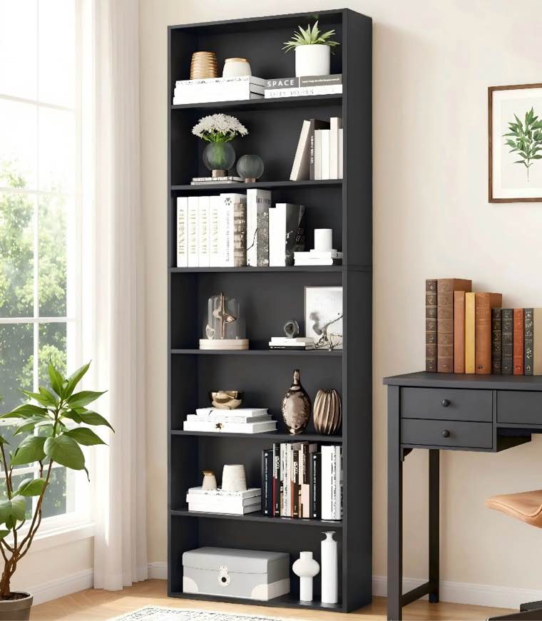 homfa 82" tall bookcases, freestanding display storage shelves, 7-tier open bookshelf for home office living room bedroom, black