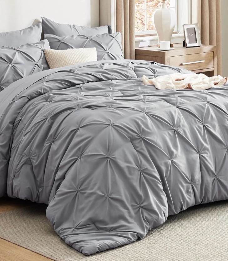 u by bedsure queen comforter set - 7 pieces grey comforters , pintuck bedding sets for all season, bed in a bag with flat sheet and fitted sheet, pillowcases & shams