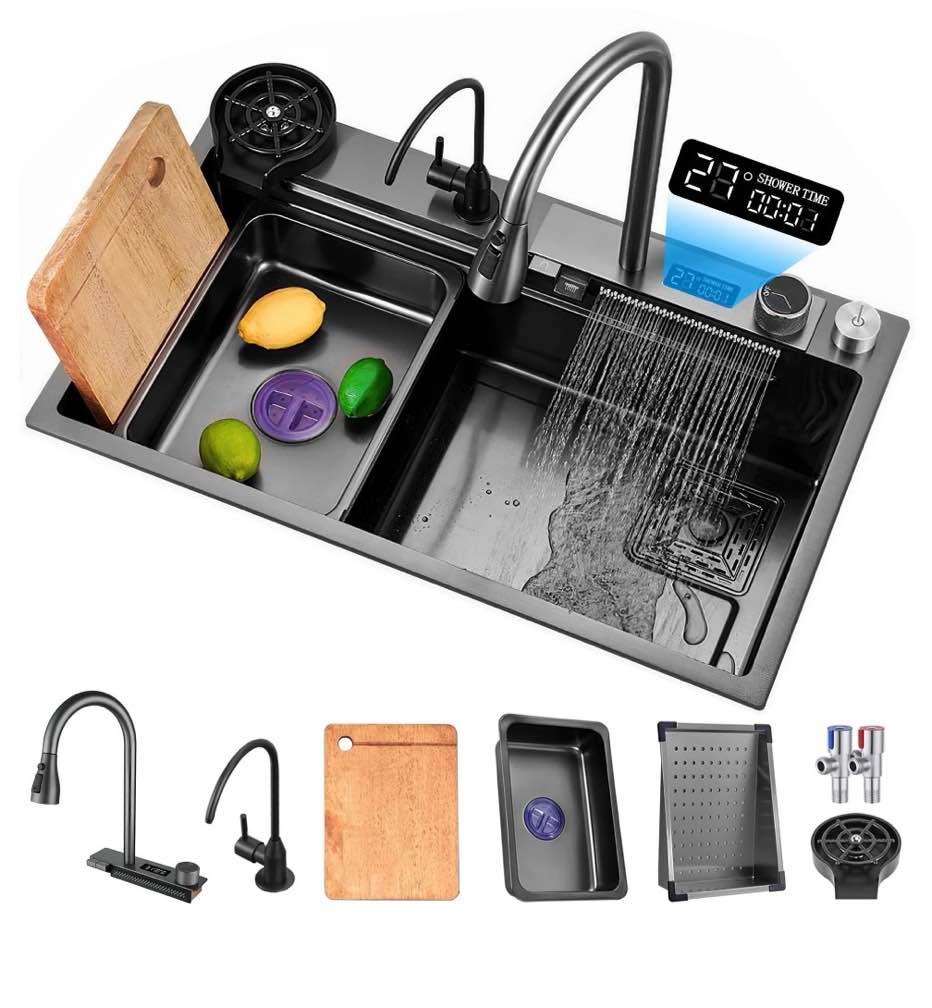 Waterfall Kitchen Sink, 26.77" Single Bowl Drop In Kitchen Sink with Pull-Out Faucet, Thickened Stainless Steel Digital Display Kitchen Sink, Black