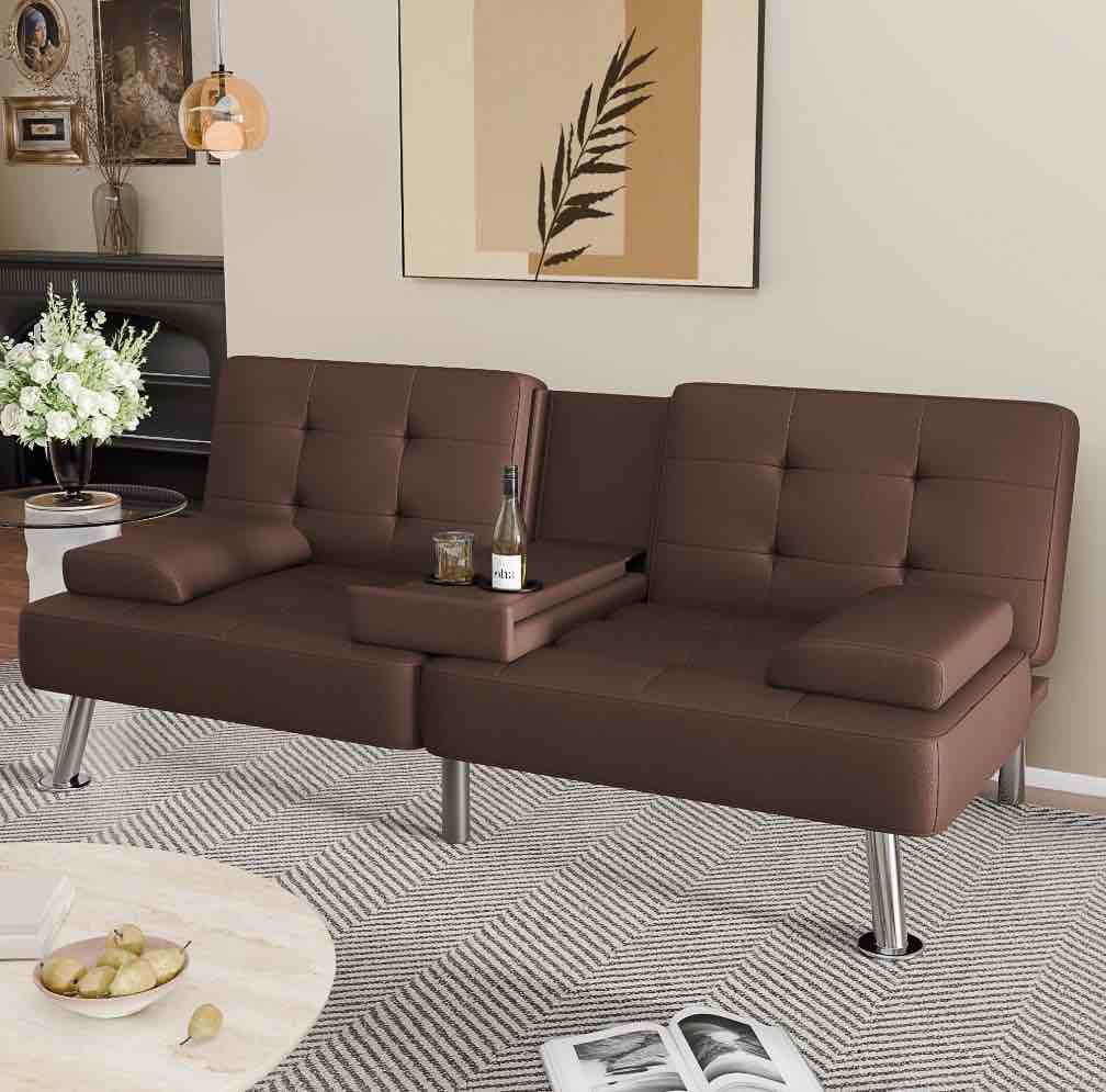 Lumihaven Futon Sofa Bed Folding Leather Modern Couch with 2 Cup Holders,Removable Armrests,Brown