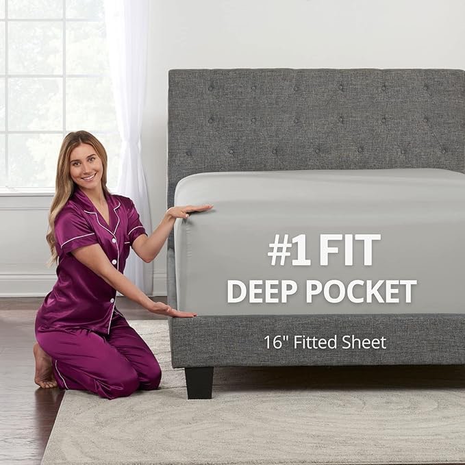Condition photo showing New/Like New for Kids Twin XL Fitted Sheets Only - Real 16” Inch Deep Pocket Fitted Sheet - Best Fit for 14” - 18” Deep Pocket Mattresses - Soft Easy Care Fitted Bed Sheets – Twin Extra Long Size - Silver Light Grey