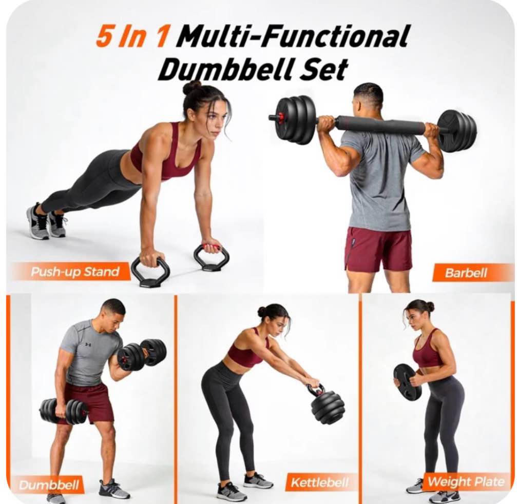Condition photo showing New/Like New for 90lbs Free Weight Set with Connector, 5 in1 Dumbbells Set Used as Barbell, Kettlebells, Push up Stand, Fitness Exercises for Home Gym Suitable Men/Women