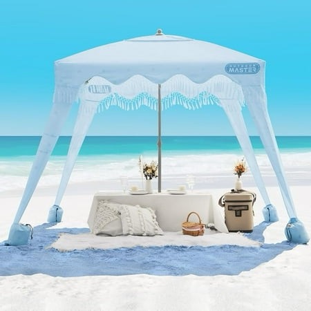 outdoormaster beach cabana with fringe portable 6 x 6 beach canopy easy set up beach shelter included side wall upf 50+ uv protection sun umbrel