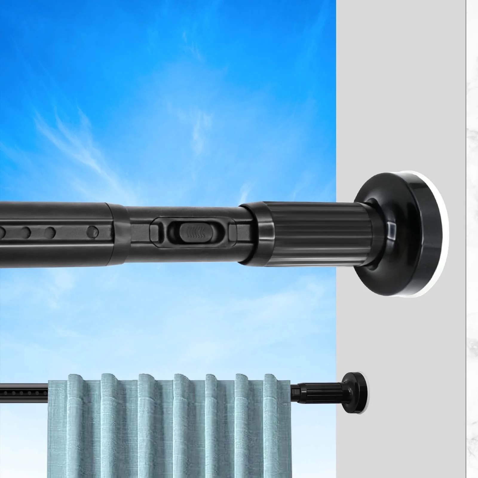 giracoa one-push tension curtain rod, 39-86 inches extra long no drill adjustable spring rod, heavy duty 427 lbs support, rustproof steel for patio outdoor bathroom window, matte black