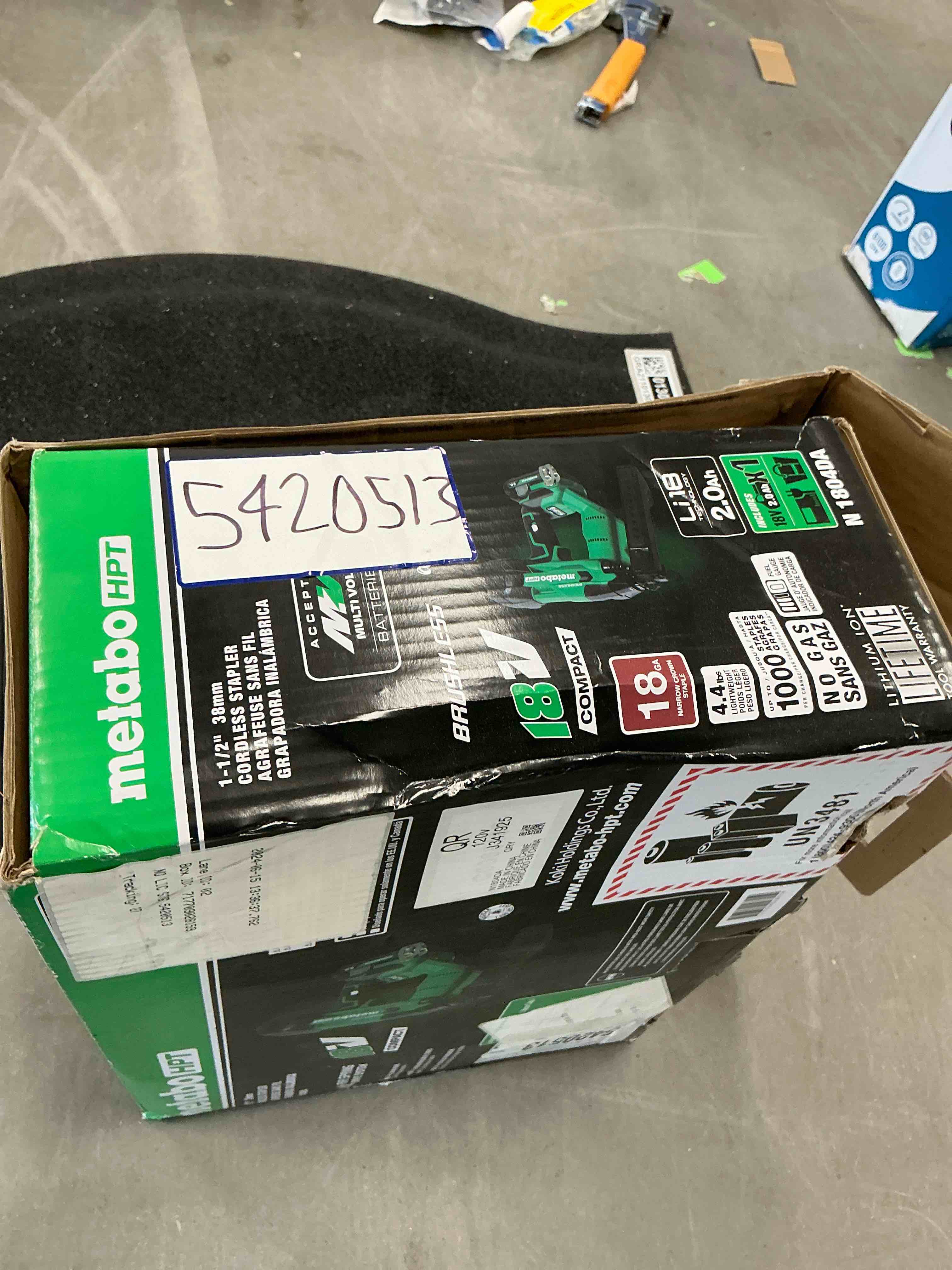 Condition photo showing Good Condition for metabo hpt 18v multivolt brushless cordless stapler kit, 18 gauge 1/4" compact narrow crown stapler with power tool 2.0ah li-ion battery, drives 1/2" to 1-1/2" staples, n1804da n1804da only