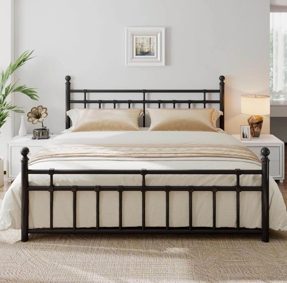 iPormis King Metal Bed Frame with Victorian Vintage Headboard and Footboard, Black