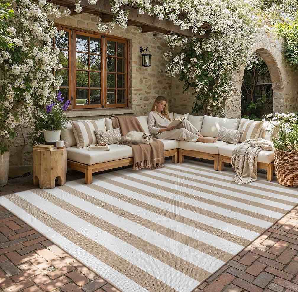 BERTHMEER Outdoor Rugs 8'x10' on Sale Clearance Waterproof Reversible Patio Rugs Geometric Stripes Large Lightweight Plastic Straw Carpets for RV Camping Deck Balcony Beach Picnic,Beige White