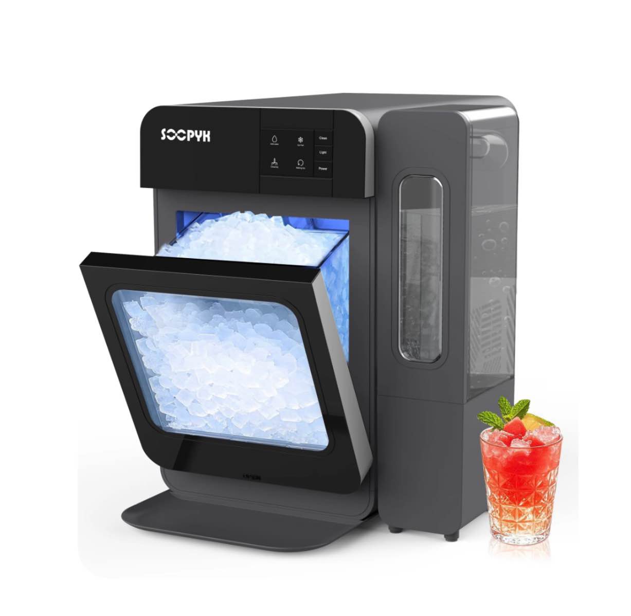 SOOPYK Nugget Ice Maker Countertop with Side Water Tank Self-Cleaning LED Light Ice Scoop 44 lbs Daily Capacity Black