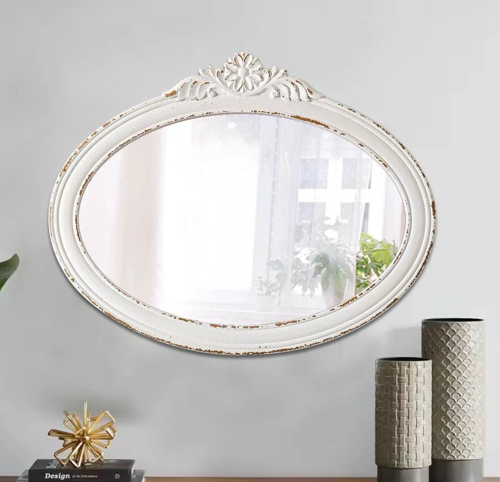 Sintosin Rustic Wall Mirror 24 L x 19 H - Handmade Vintage Bathroom Mirror  Farmhouse Distressed White Oval for Bedroom Home Decor
