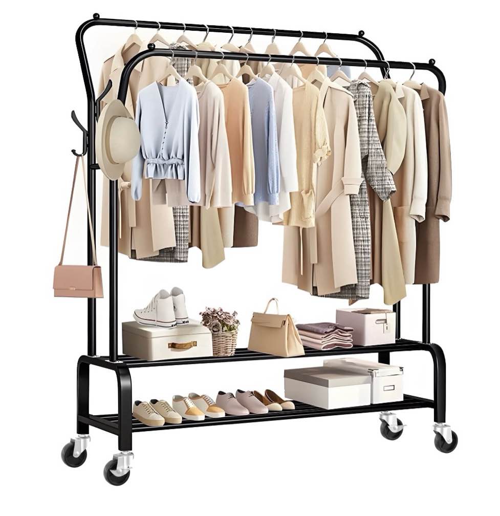 UNTIMATY Clothing Garment Rack Heavy Duty Freestanding Metal Clothes Stand Double Rail 8 Hangers 2 Shoe Shelves  Black