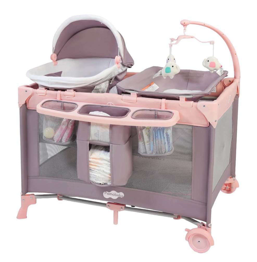pamo babe 4-in-1 baby playard with bassinet & changing table for newborn,4-panels playpen