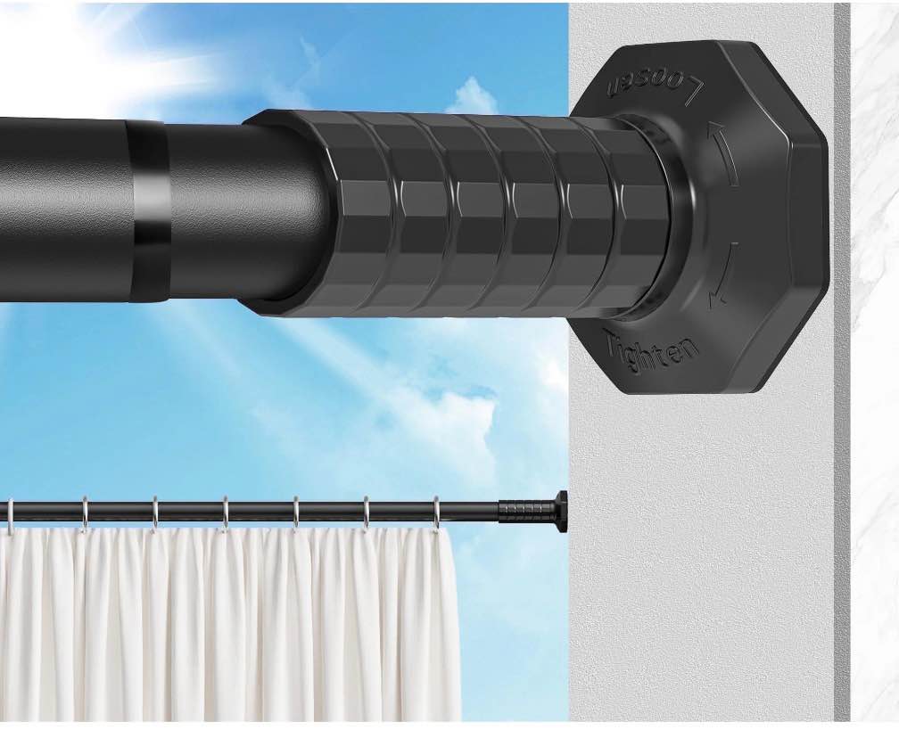 vegcoo tension curtain rod 51-148 inches heavy duty no drill adjustable rod with 12 black rings for patio shower curtain rod no drilling for bathroom easy to install black