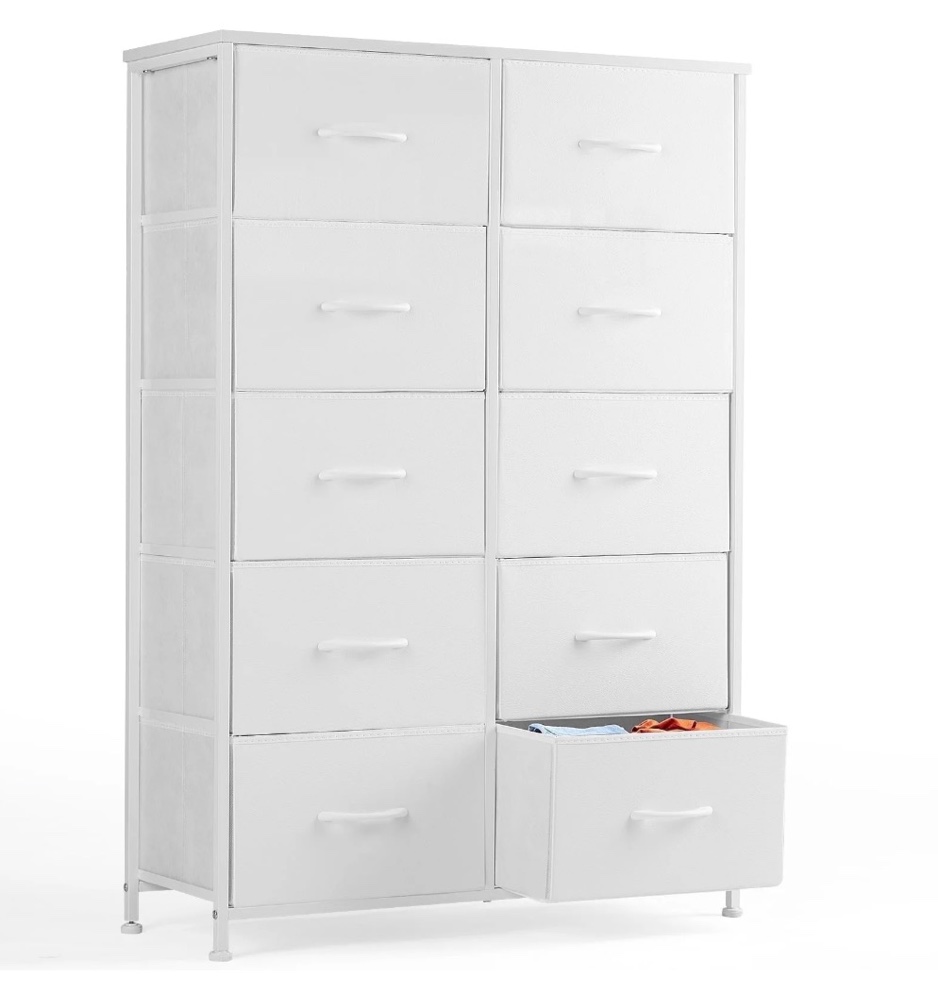edx 10 drawer fabric dresser for bedroom, chest of drawer organizer storage cabinet for closet, entryway, white